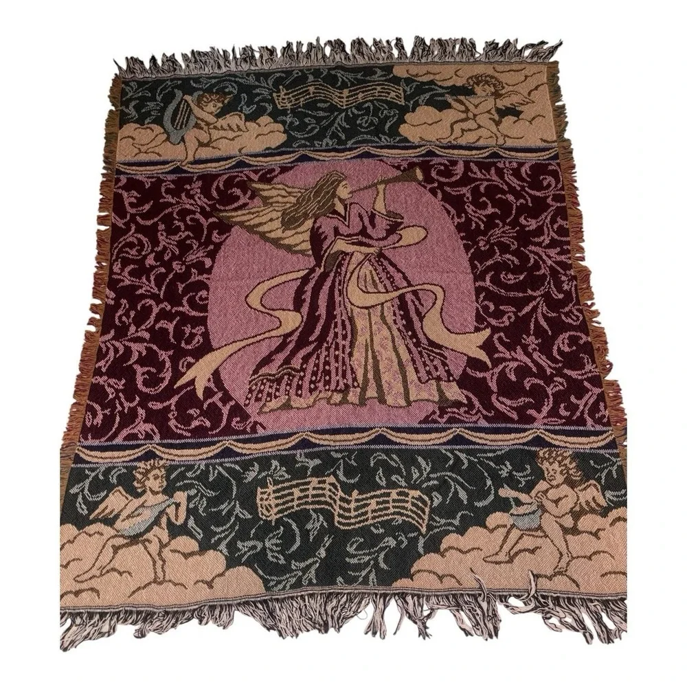 Vtg Sugar Grove Weavers Angel Woven Jacquard Tapestry Throw Blanket Fringe 90s